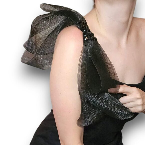 SHERRI HILL Black Tulle Trumpet Bow Sleeve Maxi Dress Gown - Picture 2 of 10